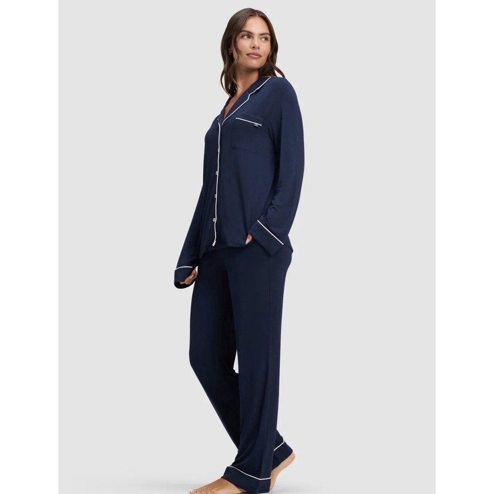 Cozy Earth Pajama Set Womens Large Tall Stretch-Knit Bamboo Long Sleeve Navy NEW